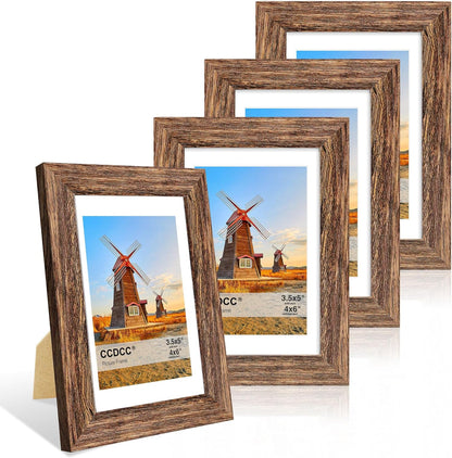 4x6 Picture Frame Set of 4, 4 x 6 Wood Photo Frames with Mat for 3.5x5, Natural Wooden Frame with