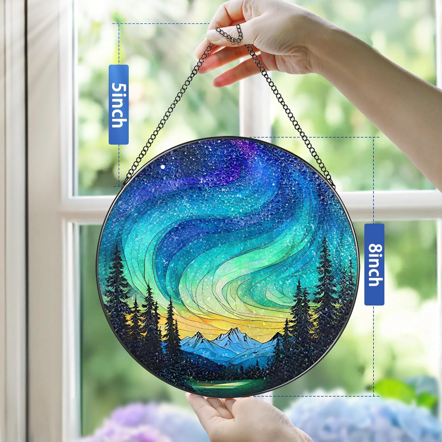 Stained Glass Window Hanging - 8 Inch Northern Lights Suncatcher for Window Doors Home Decoration
