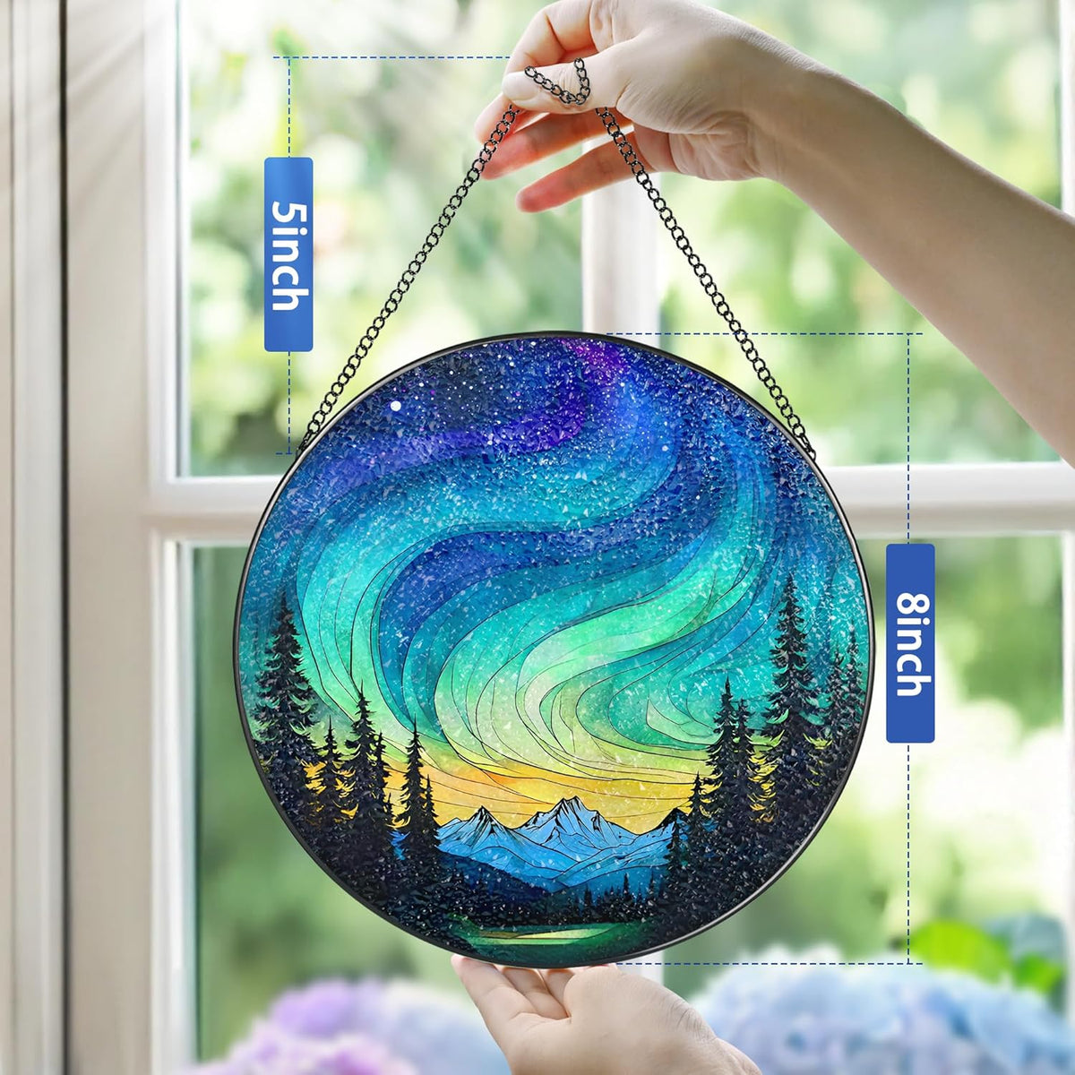 Stained Glass Window Hanging - 8 Inch Northern Lights Suncatcher for Window Doors Home Decoration