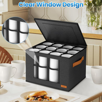 2-Layer Coffee Mug Storage Box with Dividers, Coffee Cup Storage Organizer with Zipper Lid and