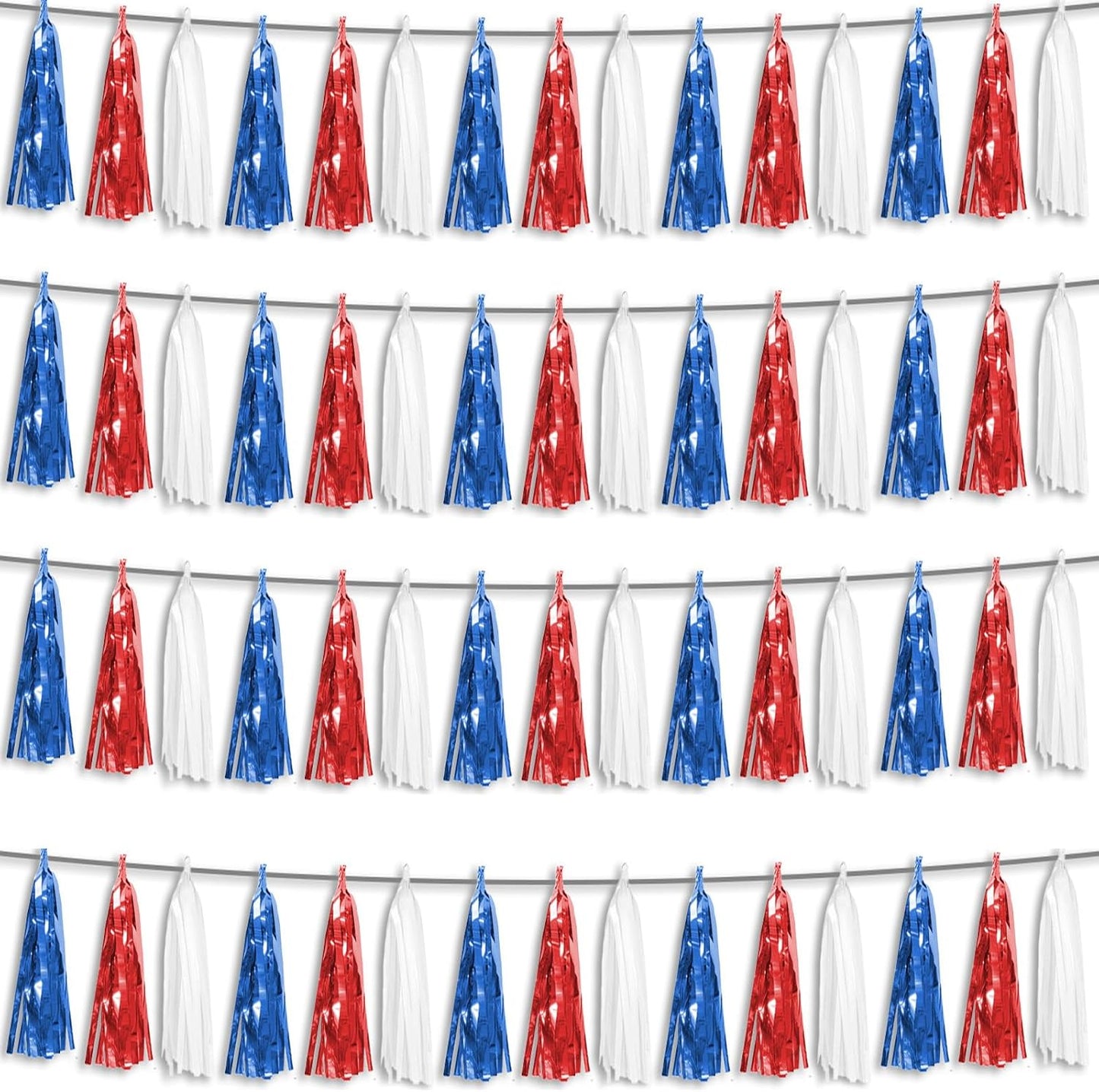 4P Red Blue White Foil Fringe Metallic Tassel Streamers Banner Tassel Garland for Parade Floats