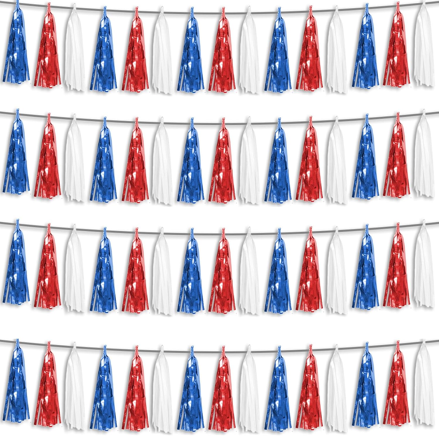 4P Red Blue White Foil Fringe Metallic Tassel Streamers Banner Tassel Garland for Parade Floats