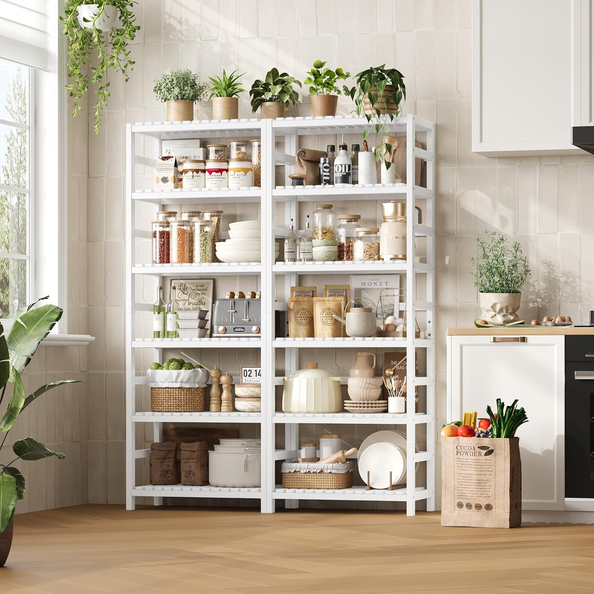 FOTOSOK 6-Tier Bamboo Shelf, Bamboo Bookcase with Adjustable Shelves, Free Standing Storage Shelf