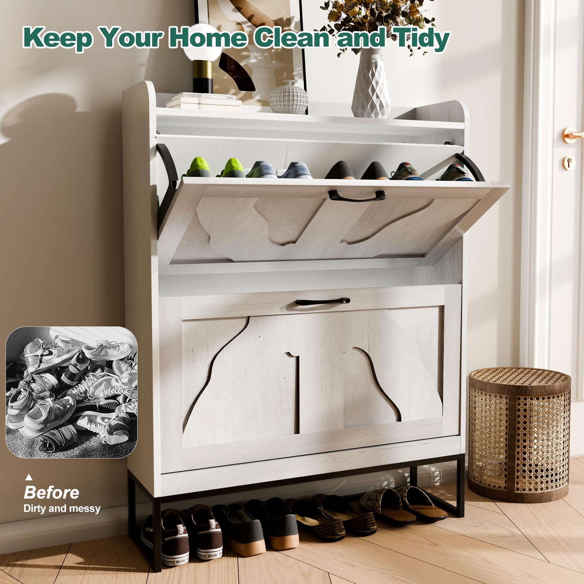 infurnic Shoe Storage Cabinet with 2 Flip Drawers, Narrow Shoe Cabinet for Entryway, Freestanding