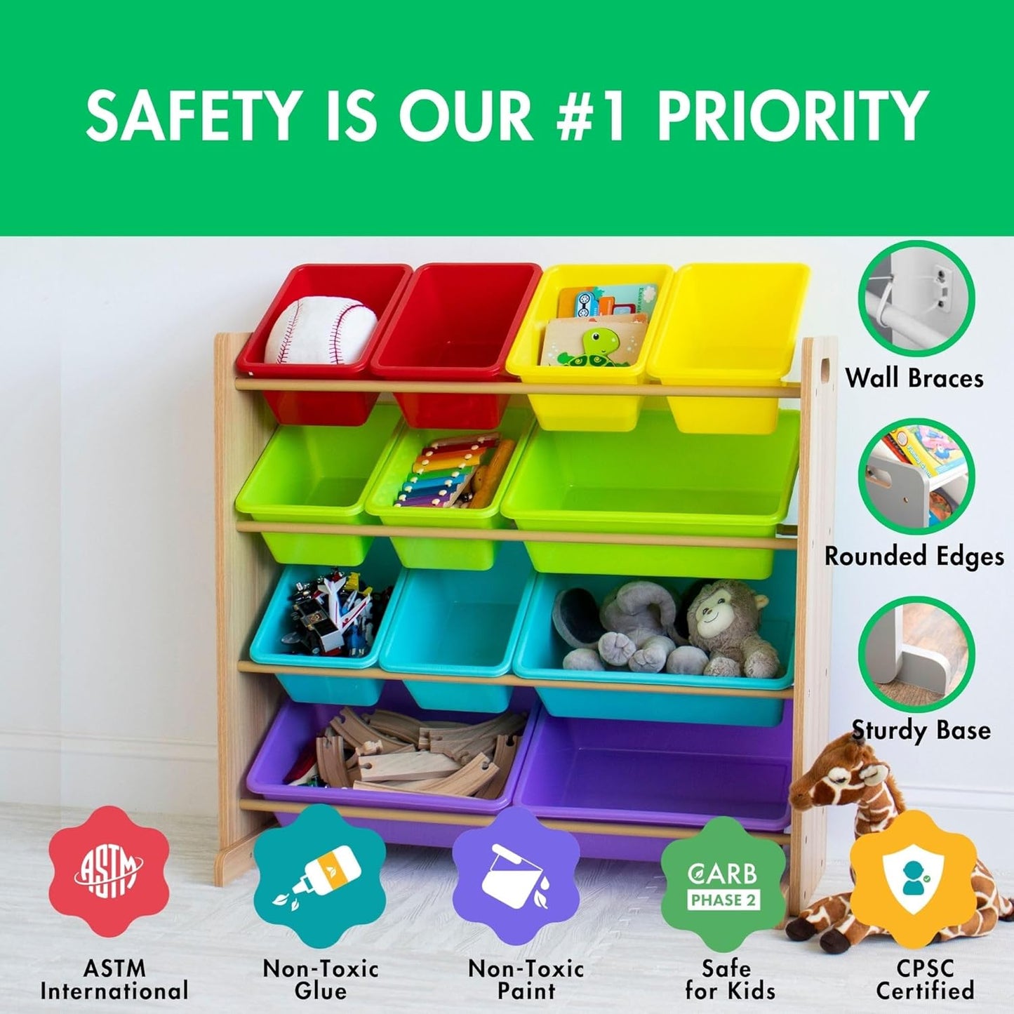Humble Crew Kids Toy Storage Organizer with 12 Plastic Bins, Natural Wood/Rainbow – Removable Bins