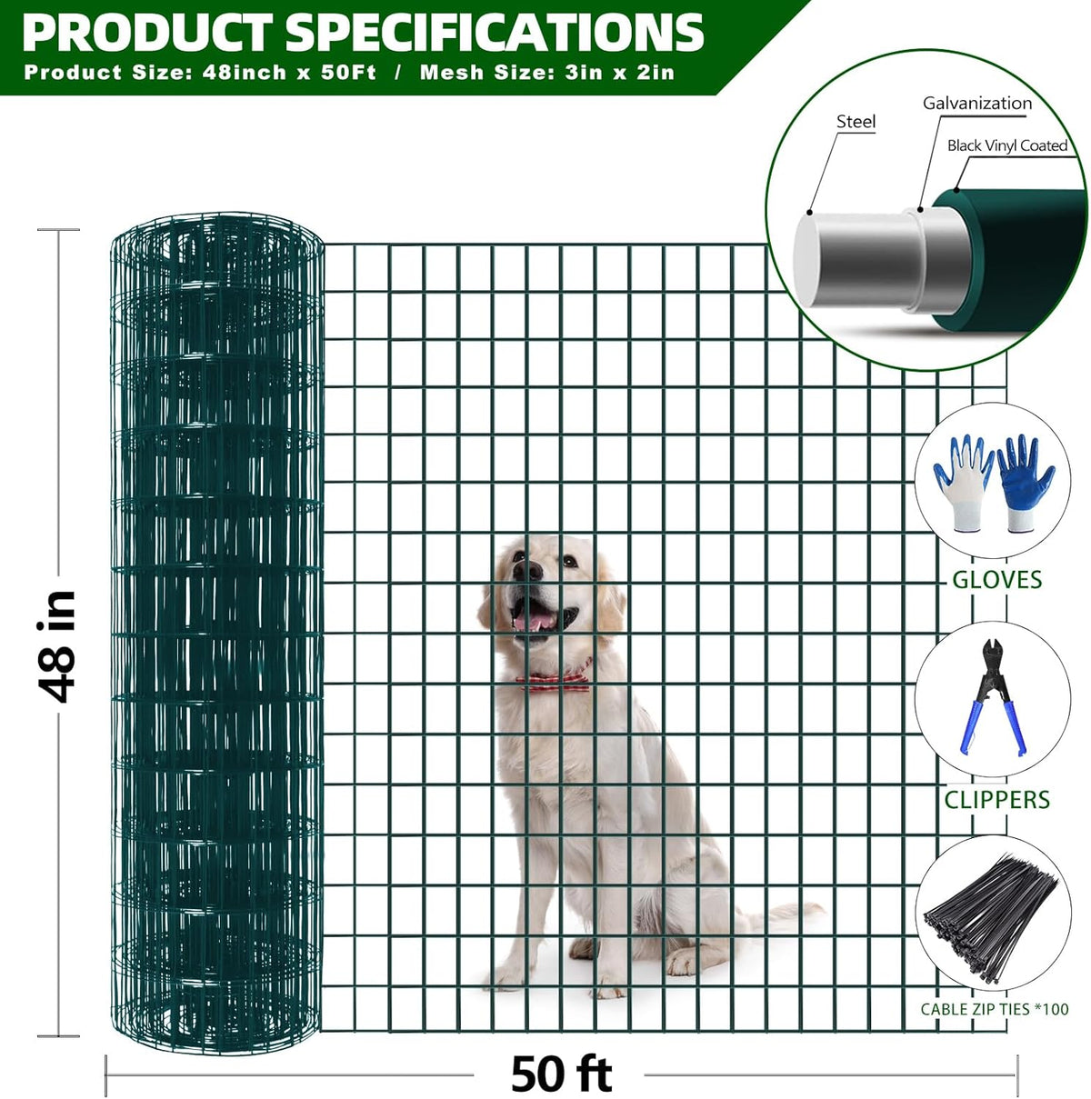 Welded Wire Fence, 50ft(L) x 48inch(H) Garden Fence for Dog, 2 Inch x 3 Inch 16GA Fencing for