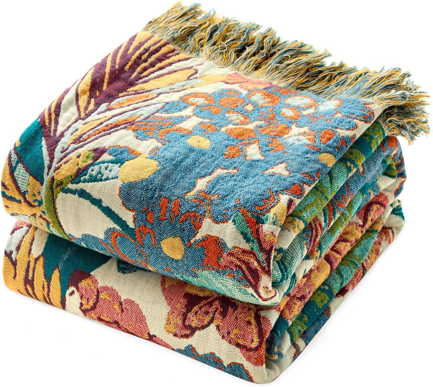 MSGKV Boho Throw Blanket for Couch Bed Chair 100% Cotton Muslin Breathable Vine Embroidery Blanket