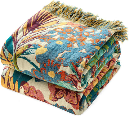 MSGKV Boho Throw Blanket for Couch Bed Chair 100% Cotton Muslin Breathable Vine Embroidery Blanket