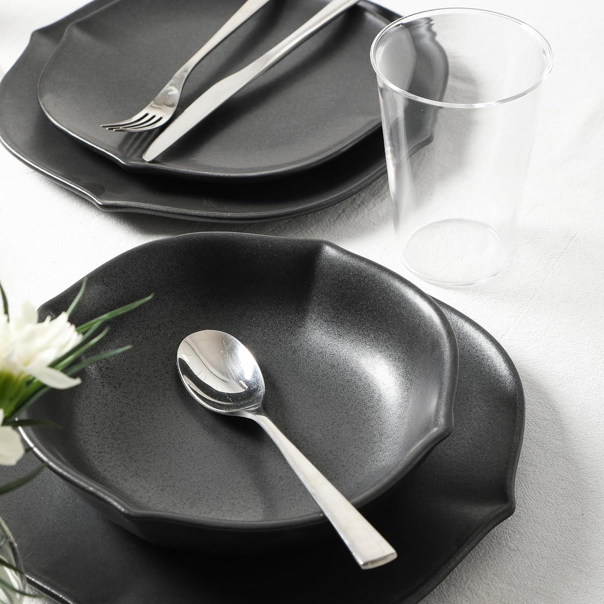 Stone Lain Baskerville 32-Piece Dinnerware Set Stoneware, Borosilicate Glass, Black