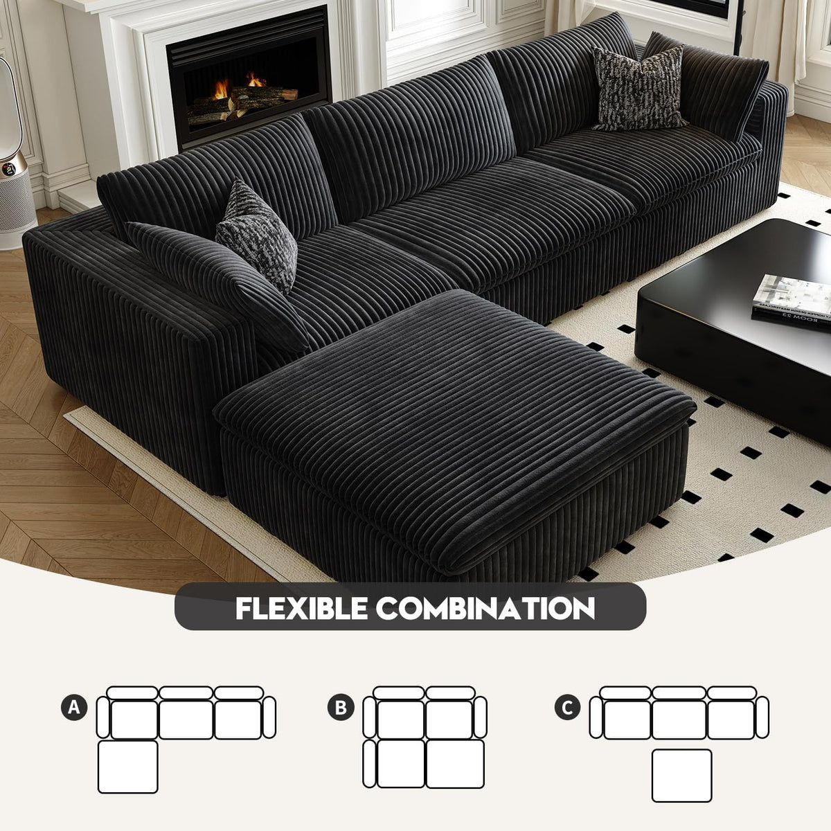 118" Cloud Couch Modular Sectional Sofa for Living Room,Modern Sofa with Deep Seat，L-Shape Boneless