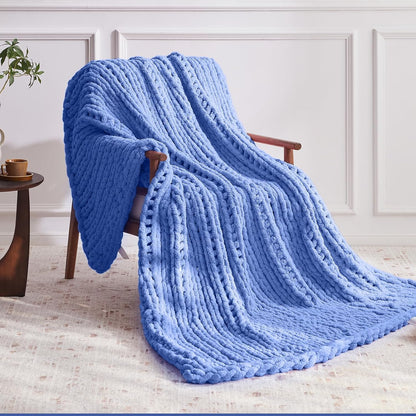 Chunky Knit Throw Blanket, 30''*40'' Knitted Throw Chenille Yarn for Bed Couch, Handmade Light Blue
