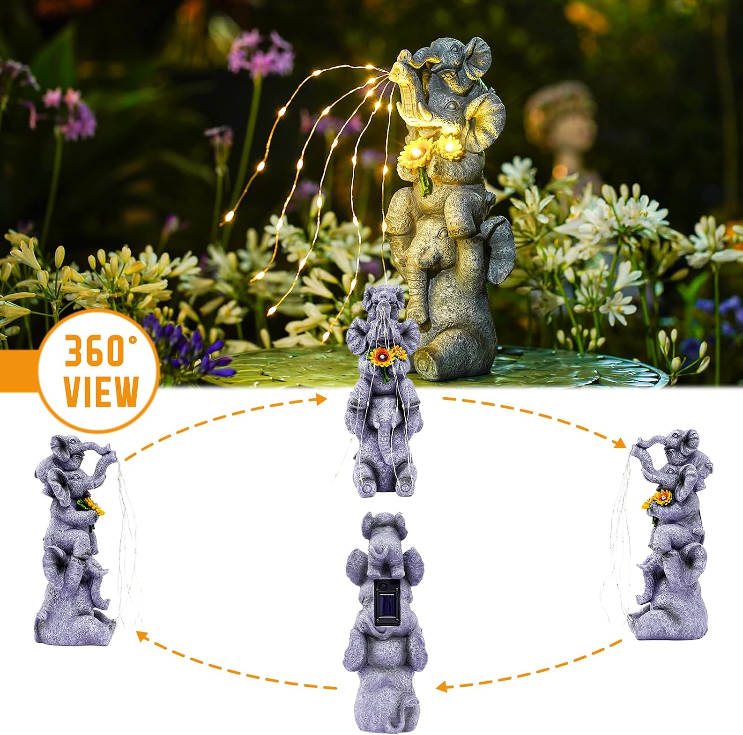 Solar Garden Decor Elephant Statue Outdoor, Luck Triple Elephant Decorations for Yard Porch Lawn