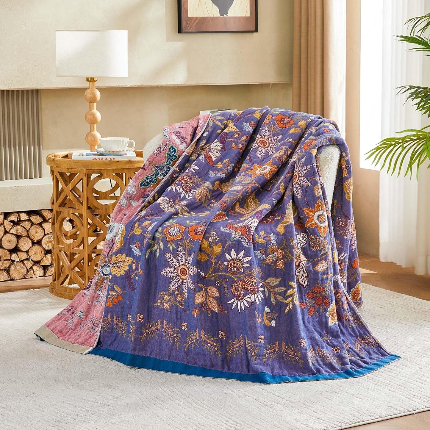 Boho Blanket, 100% Cotton Farmhouse Decorative Throw Blanket, 80"x90" Reversible Bohemian Throw