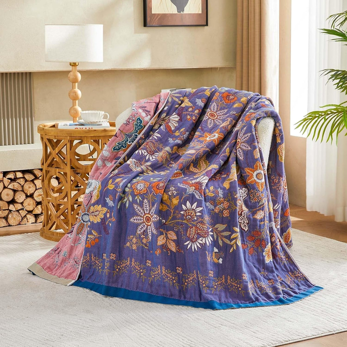 Boho Blanket, 100% Cotton Farmhouse Decorative Throw Blanket, 60"x80" Reversible Bohemian Throw