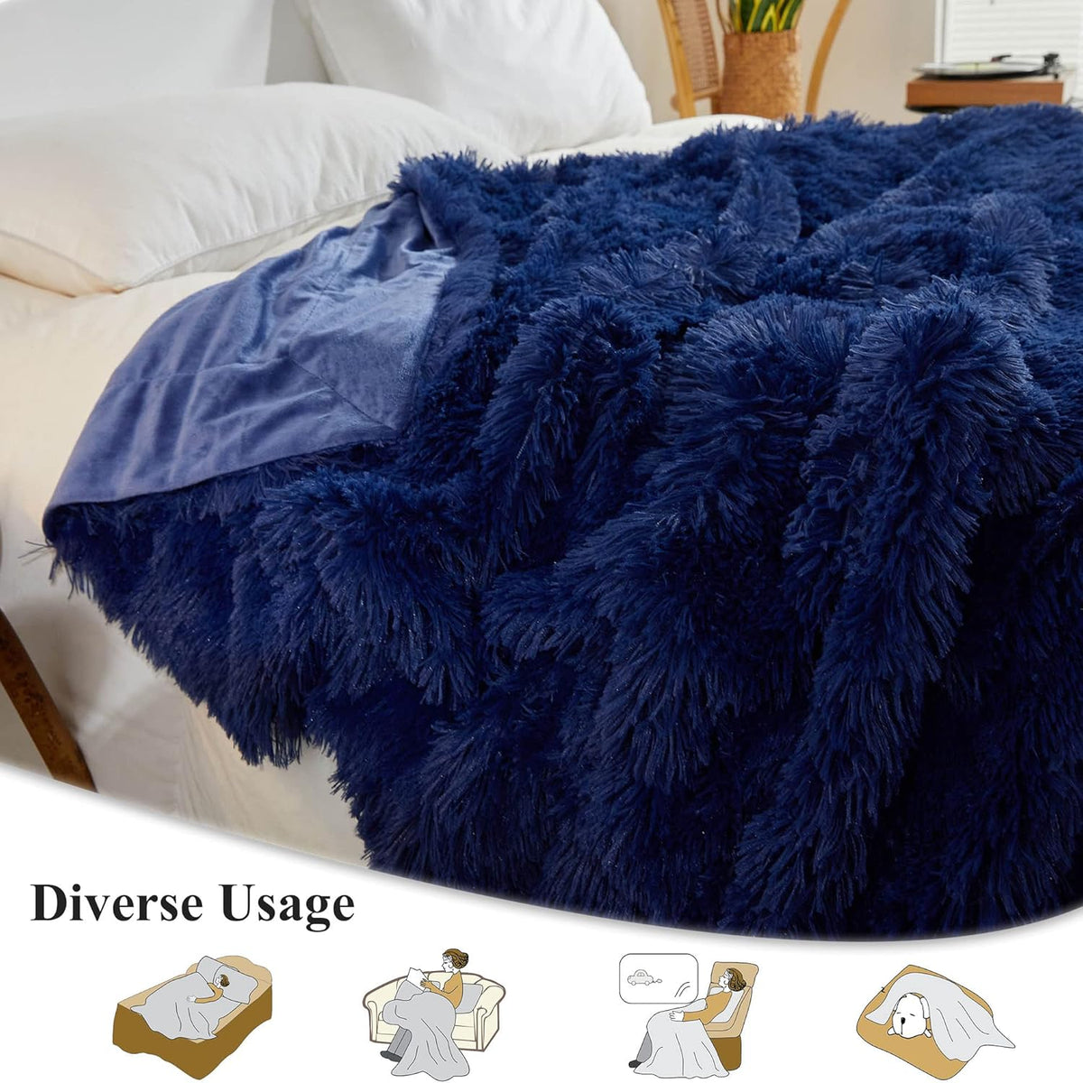 XeGe Luxury Faux Fur Throw Blanket, Blue Soft 50x60 Fluffy Blanket Throw, Shaggy Plush Decorative