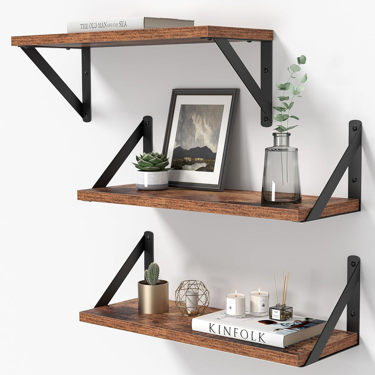Heimlove Floating Shelves for Wall, 16 Inch Long Wood Floating Shelves Set of 3, Wall Mounted