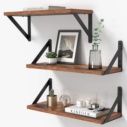 Heimlove Floating Shelves for Wall, 16 Inch Long Wood Floating Shelves Set of 3, Wall Mounted