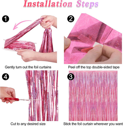 4 Pack Pink Backdrop, 3.28 FT x7.05 FT Foil Fringe Curtains, Metallic Glitter Pink Streamer Fringe