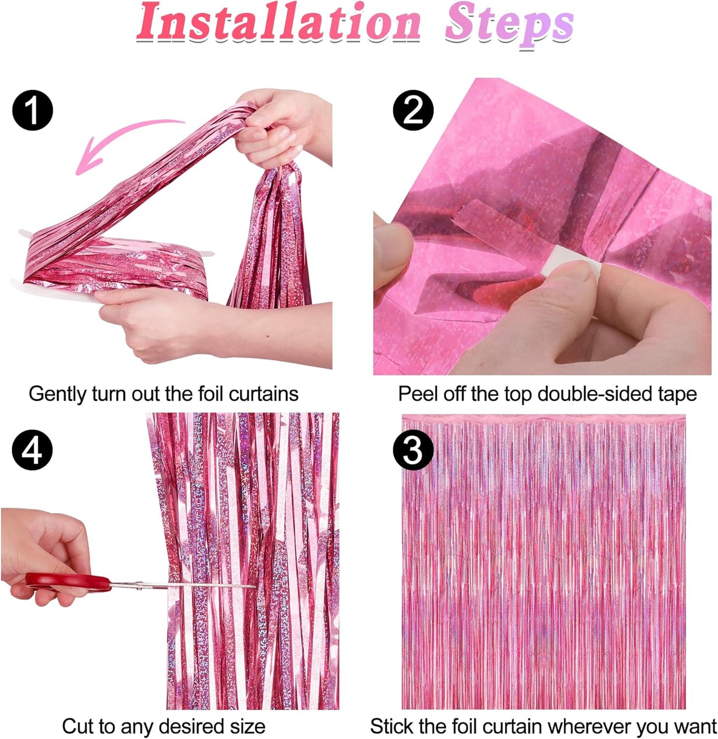 12 Pack Pink Backdrop, 3.28 FT x 7.05 FT Foil Streamers, Metallic Glitter Backdrop Pink Tinsel