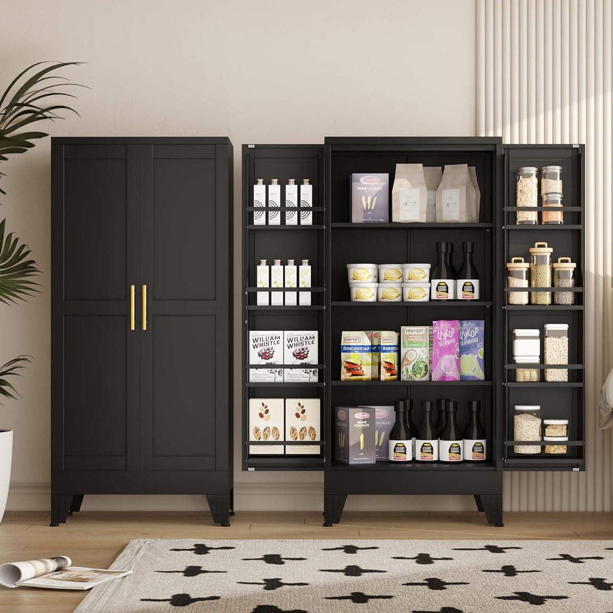 51" Metal Kitchen Pantry Cabinet, Storage Cabinets with 2 Door and 3 Adjustable Shelves, Black