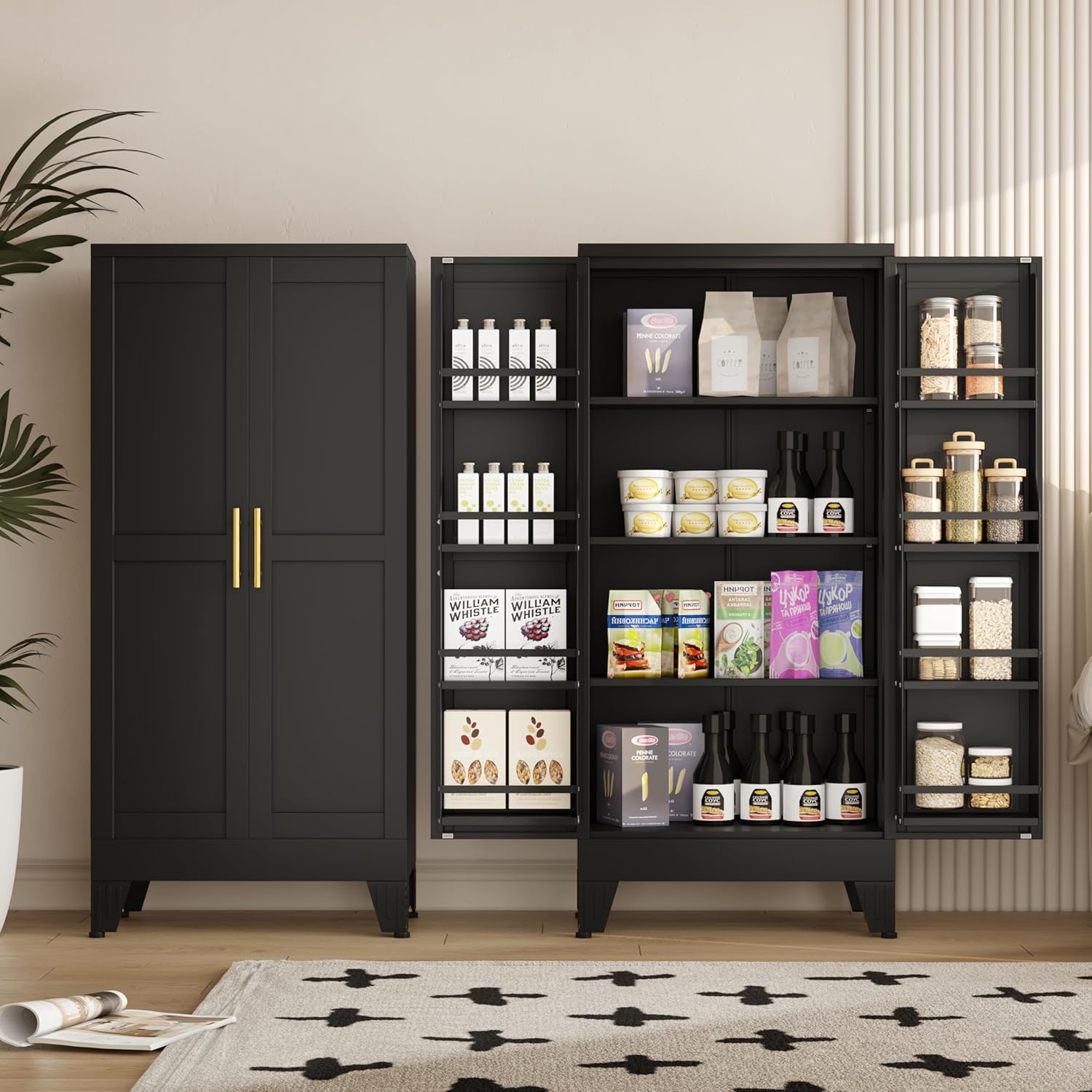 51" Metal Kitchen Pantry Cabinet, Storage Cabinets with 2 Door and 3 Adjustable Shelves, Black