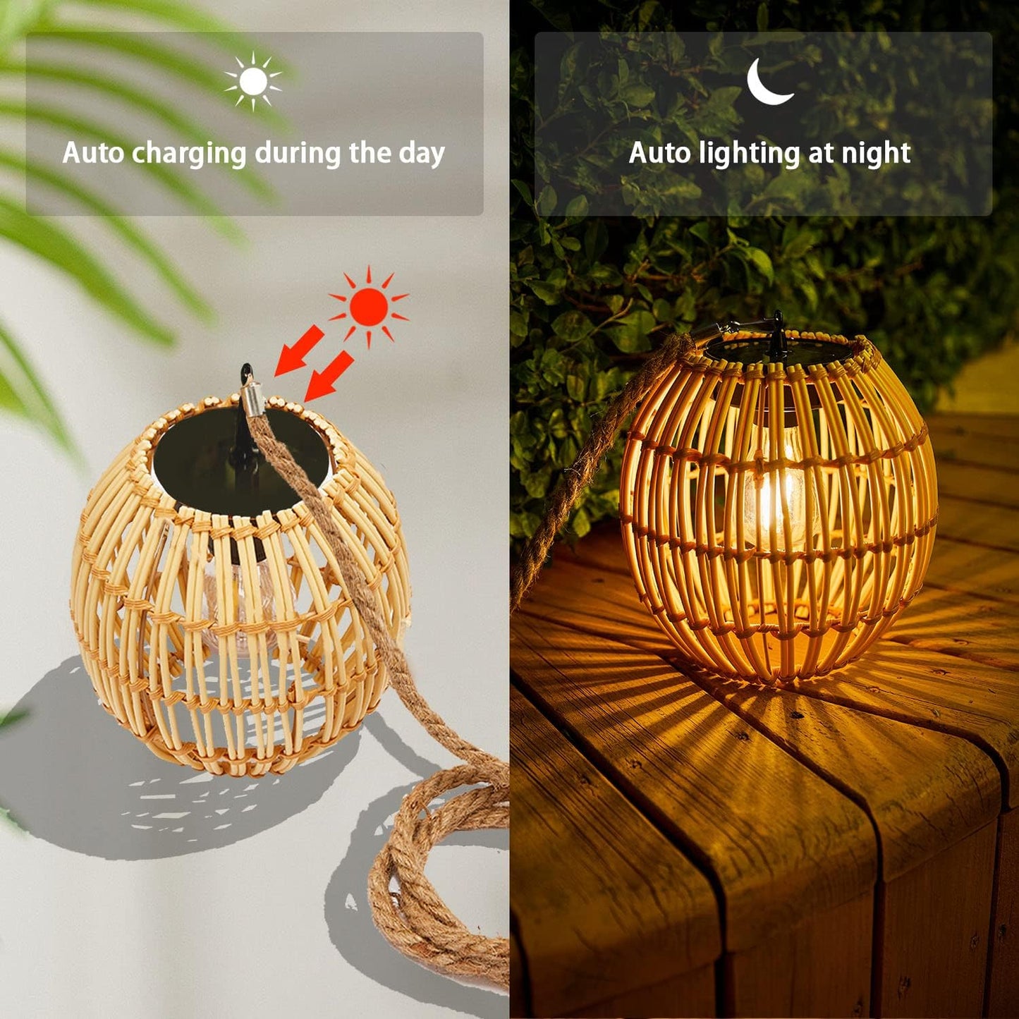 Livinlarge Hanging Solar Lantern Outdoor Waterproof, Large Solar Rattan Lantern Outdoor with Twine