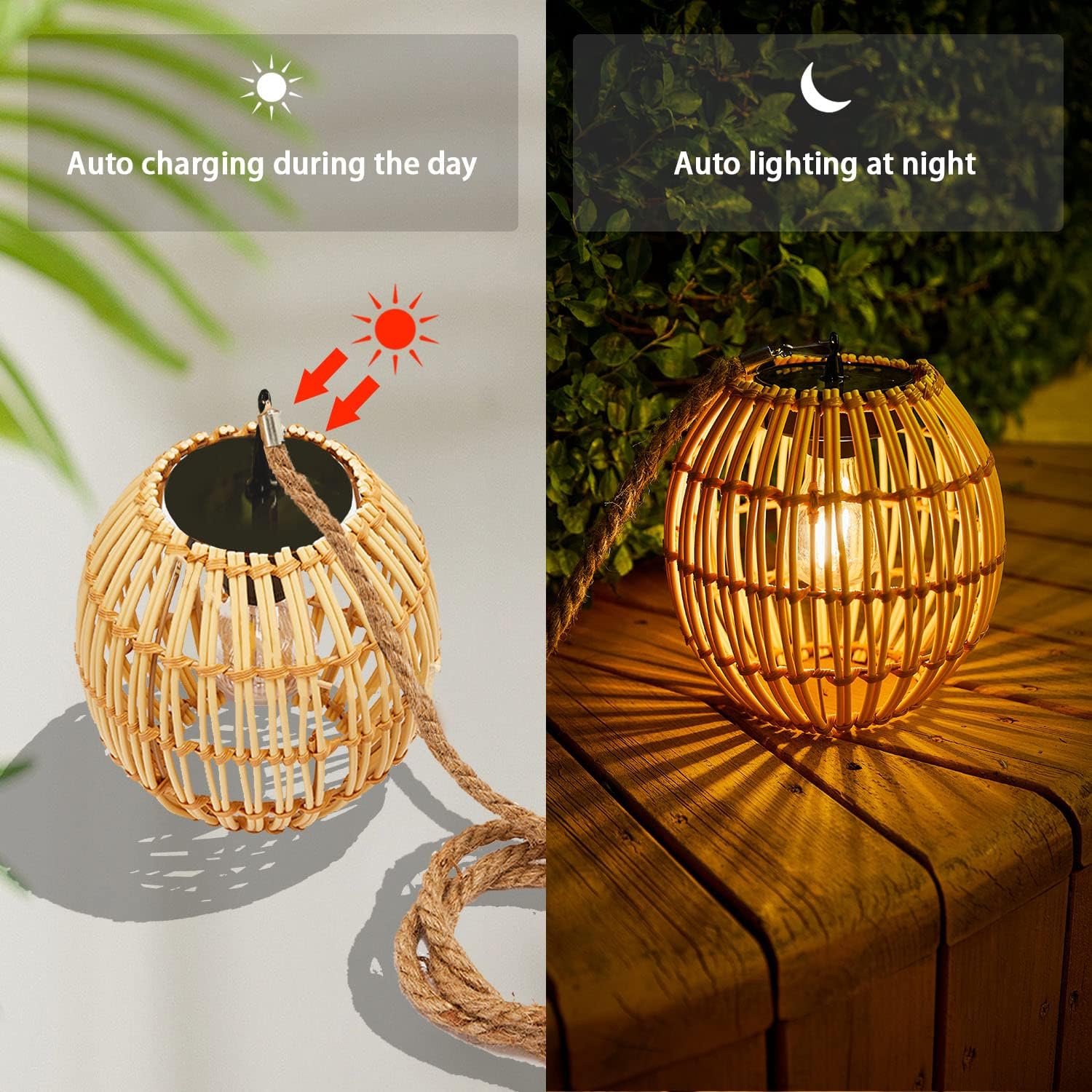 Livinlarge Hanging Solar Lantern Outdoor Waterproof, Large Solar Rattan Lantern Outdoor with Twine