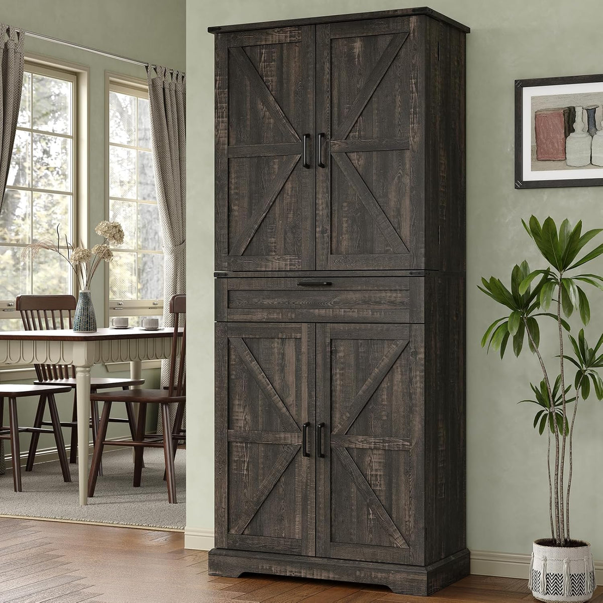 Pantry Organizers and Storage Cabinet, 70” Barn Door White Kitchen Cabinet with Drawers and