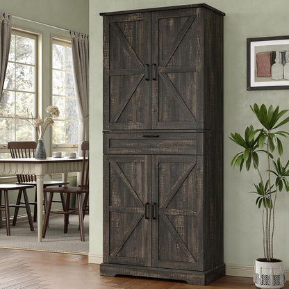 Pantry Organizers and Storage Cabinet, 70” Barn Door White Kitchen Cabinet with Drawers and