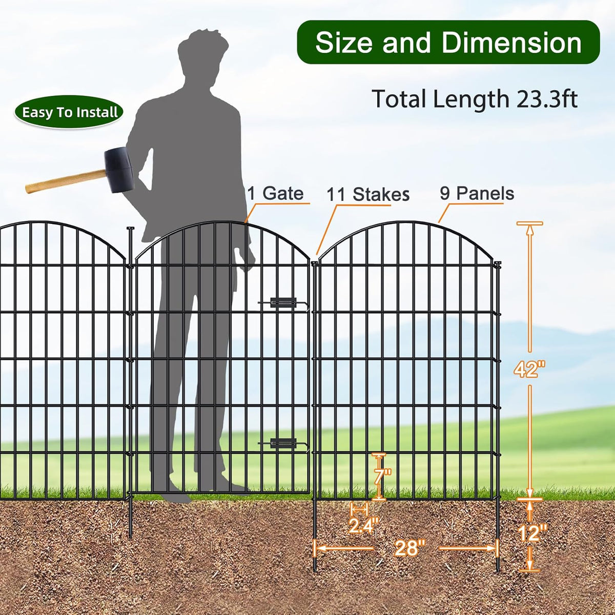 Metal Garden Fence with Gate 42in (H) x 23.3ft (L), 1 Gate+ 9 Panels Dog Fence Border Fence Animal