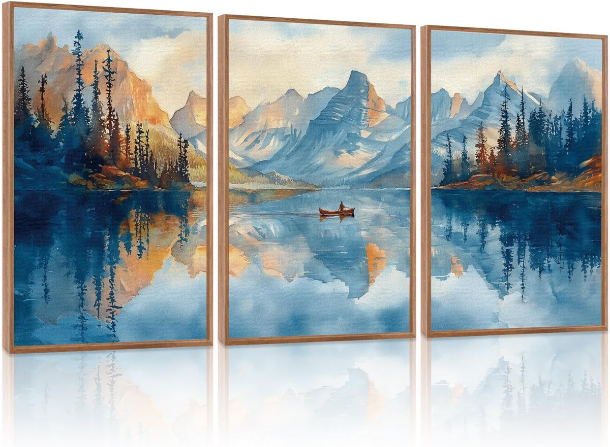 KAIRNE Framed Large Landscape Wall Art,Abstract Forest Prints Paintings,Watercolor Blue Mountain