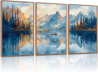 KAIRNE Framed Large Landscape Wall Art,Abstract Forest Prints Paintings,Watercolor Blue Mountain