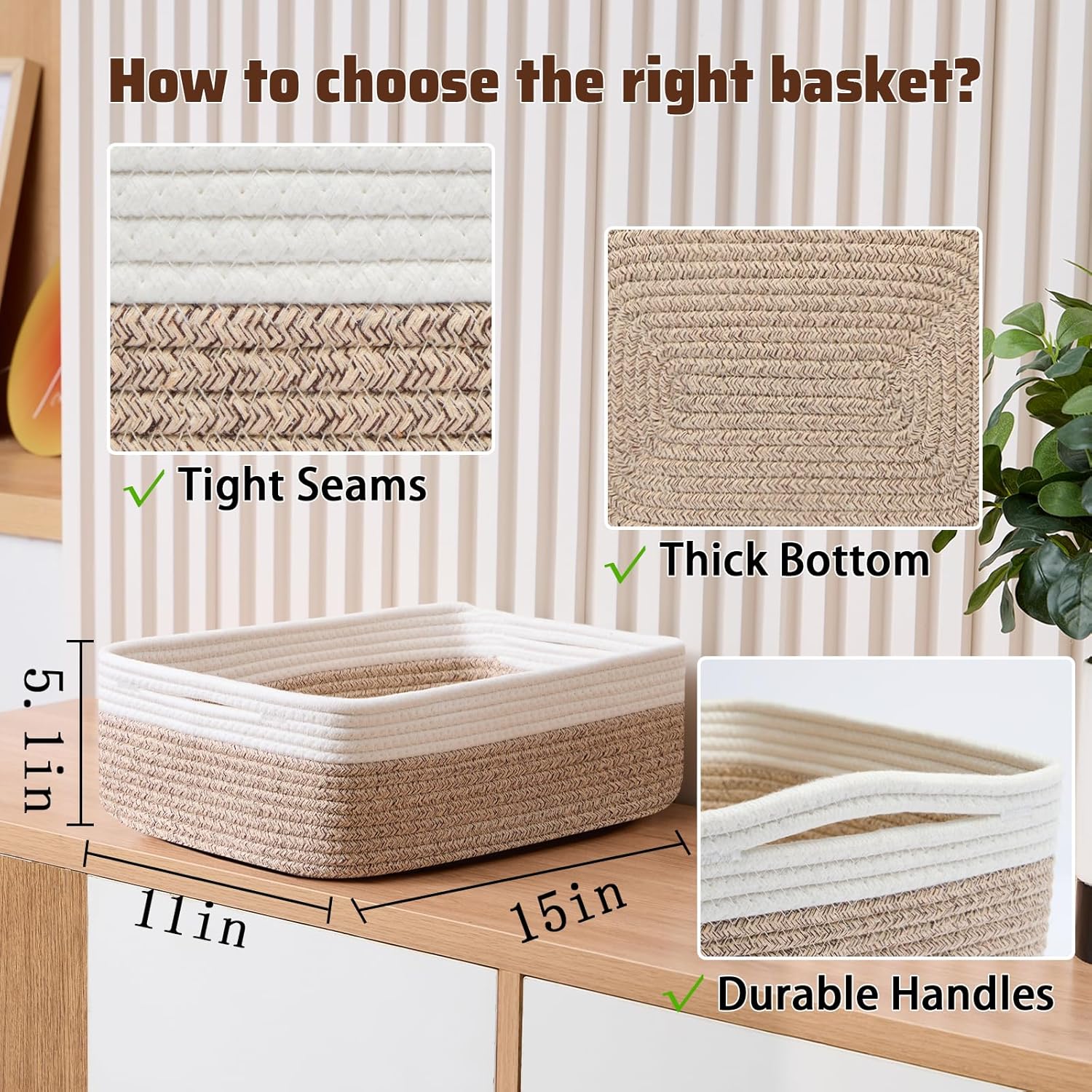 Large Shallow Organizing Baskets 15x11x5.1 Inches - Rope Woven Storage Bins for Bathroom, Shelves