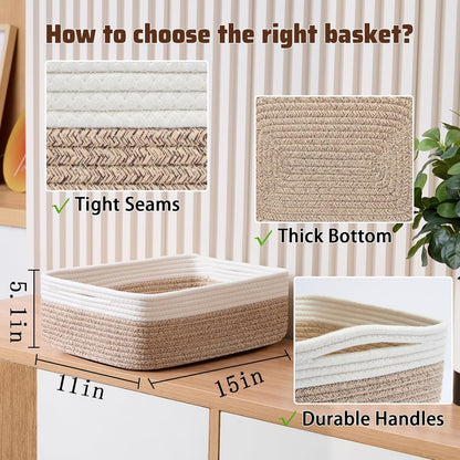 Large Shallow Organizing Baskets 15x11x5.1 Inches - Rope Woven Storage Bins for Bathroom, Shelves