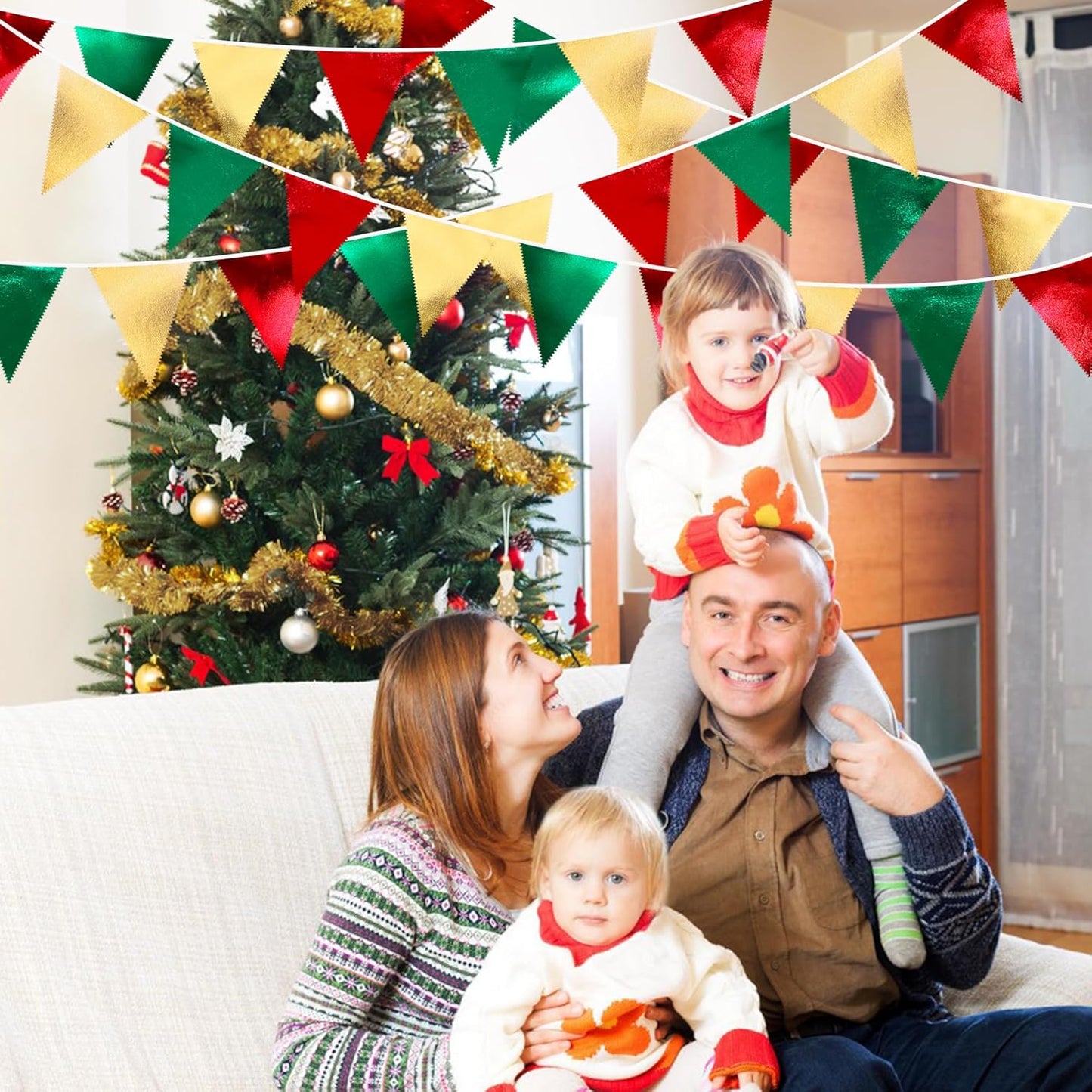 Christmas Party Decorations Triangle Pennant Banner Flag Red Green Gold Metallic Fabric Bunting