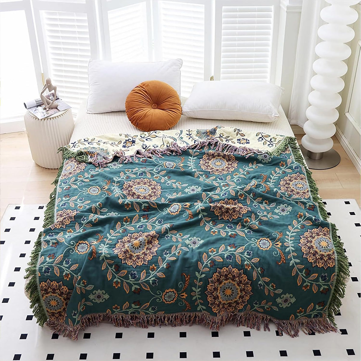 Snycler Boho Throw Blanket for Bed - 100% Cotton Ultra Soft Rustic Quilt - Blue Green Floral
