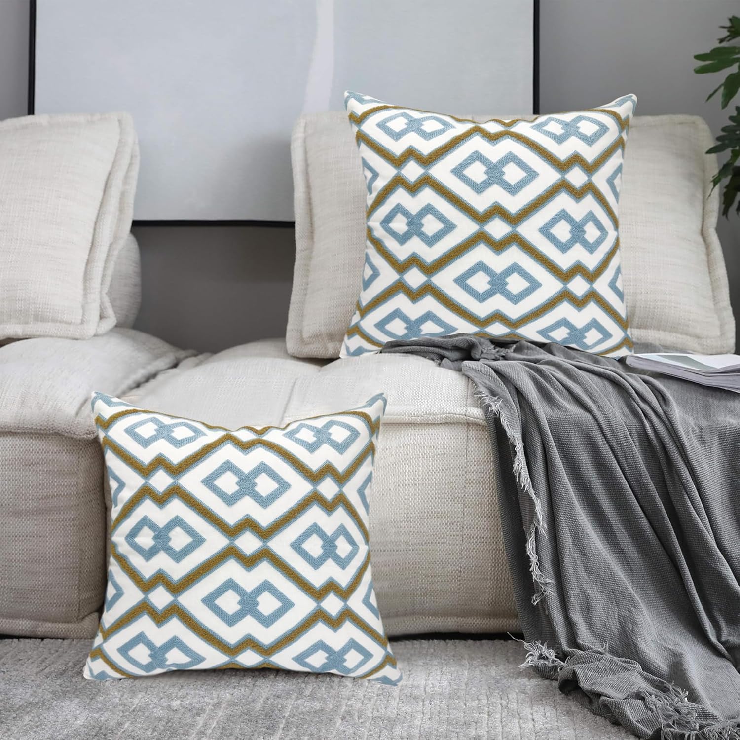 Alysheer Embroidered Decorative Throw Pillow Cover 18"x 18" Set of 2, Classic Boho Geometric
