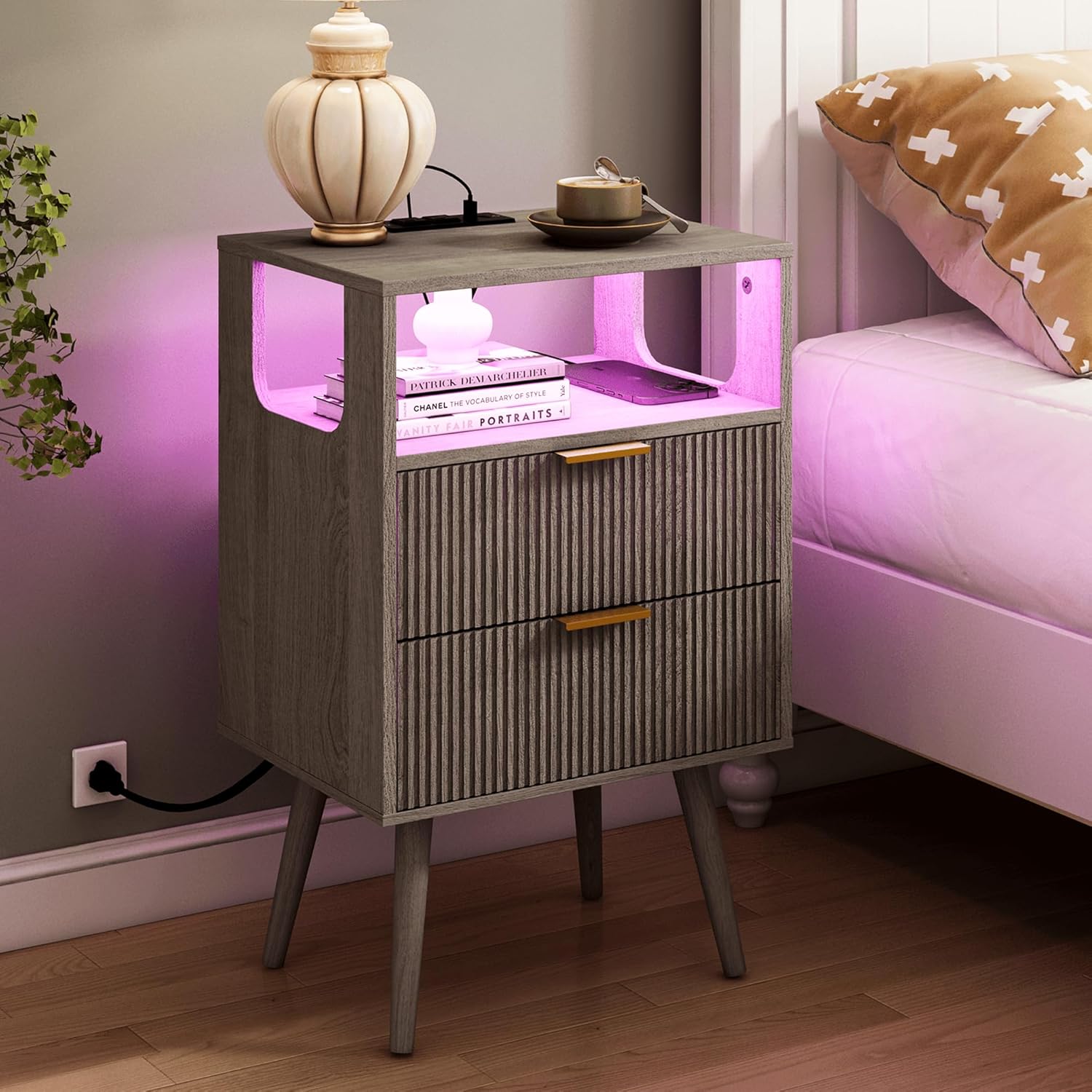 Nightstand with Charging Station and LED Lights,Modern Bedside Table with 2 Storage Drawer and Open