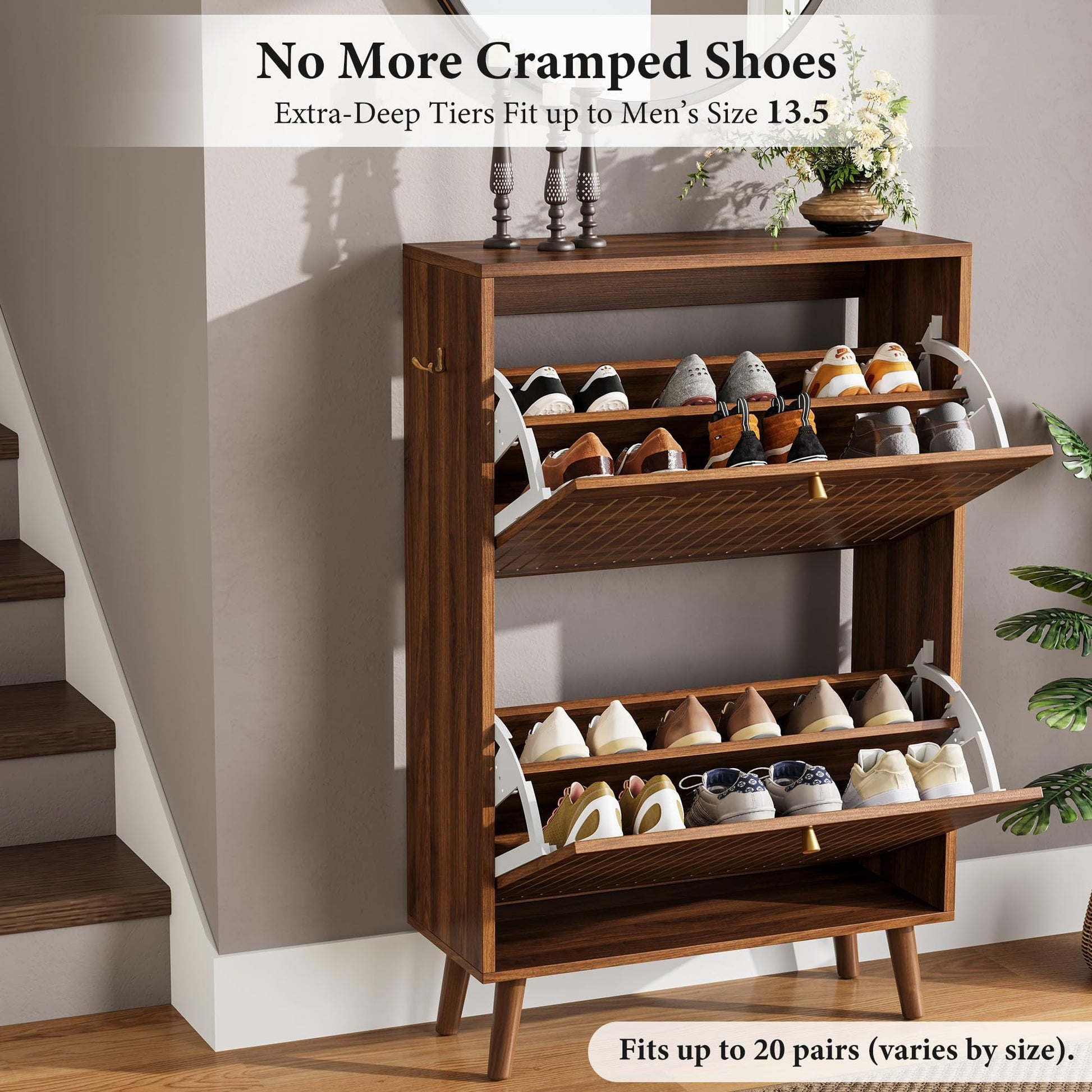 Nicetree Shoe Storage Cabinet for Entryway, 9.5inch Slim Shoe Rack with 2 Flip Drawers, Mid-Century