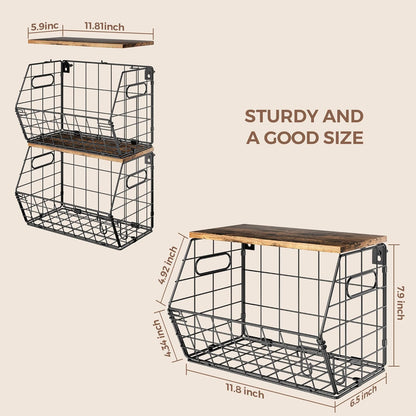 Delamu 3 Pack Stackable Metal Fruit Basket with Wood Lid-Wall Mounted&Countertop Organizer for