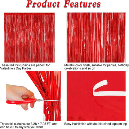 2 Pack Red Tinsel Backdrop, 3.28 FT x 7.05 FT Fringe Curtains, Red Foil Tinsel Party Streamer