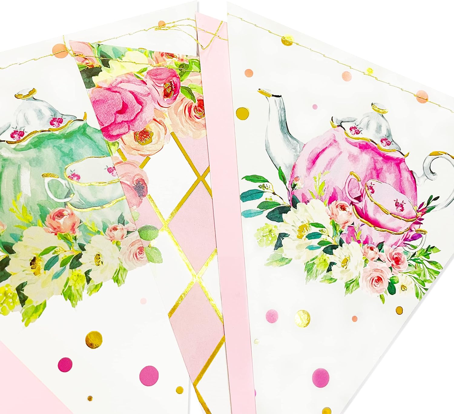 Spring Tea Party Decorations Pink and Gold Floral Flower Butterfly Teapot Teacup Plaid Paper