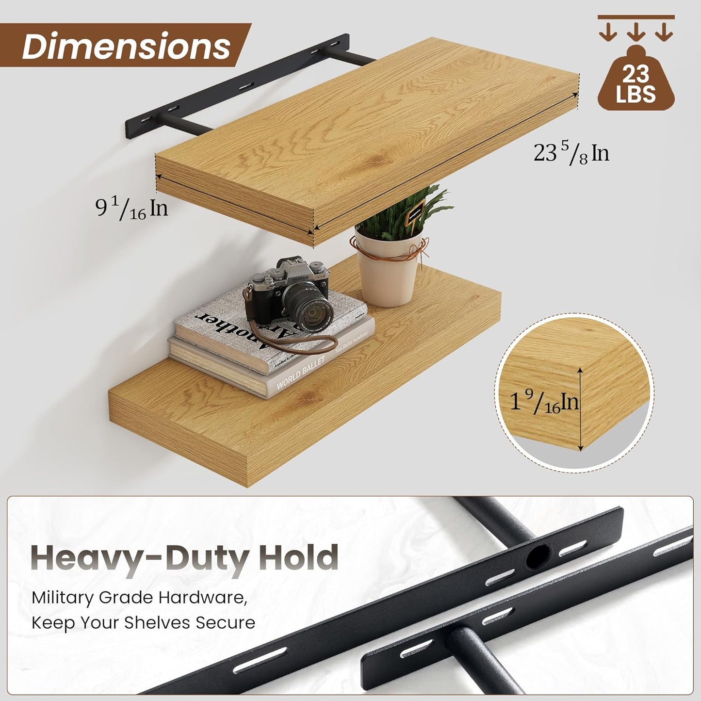 Heimlove 24 inch Floating Shelves for Wall,9.3 inch deep Bathroom Over Toilet Shelf,Wall Mounted