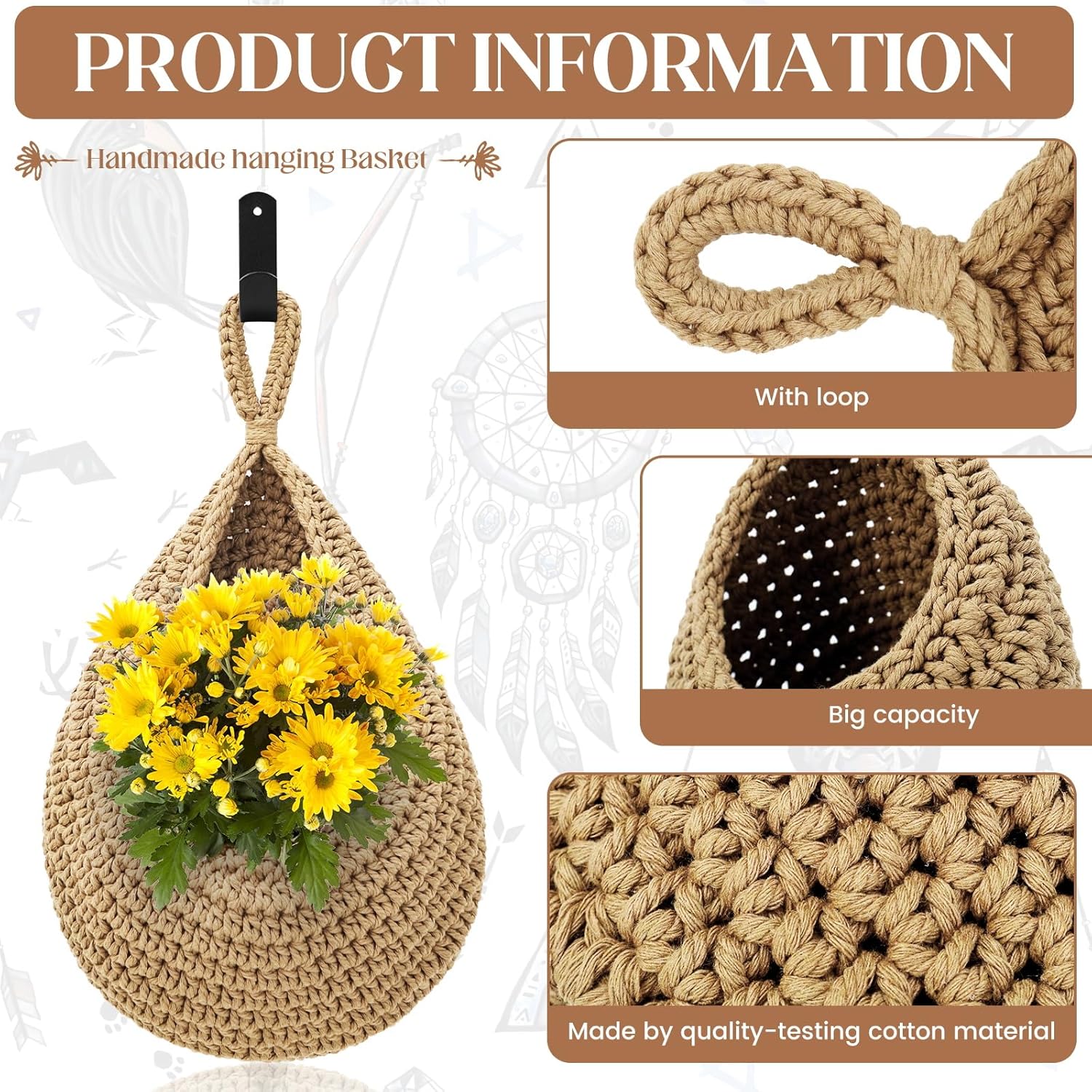 Wall Hanging Baskets for Organizing - 3 Pack Hanging Fruit Basket with 6 Pcs Strong Hooks