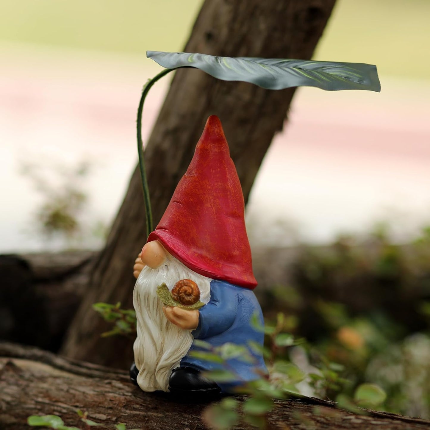 Garden Gnome Statue Decoration with Leaf Umbrella, 6.5” Figurine Ornament for Indoor Outdoor Home