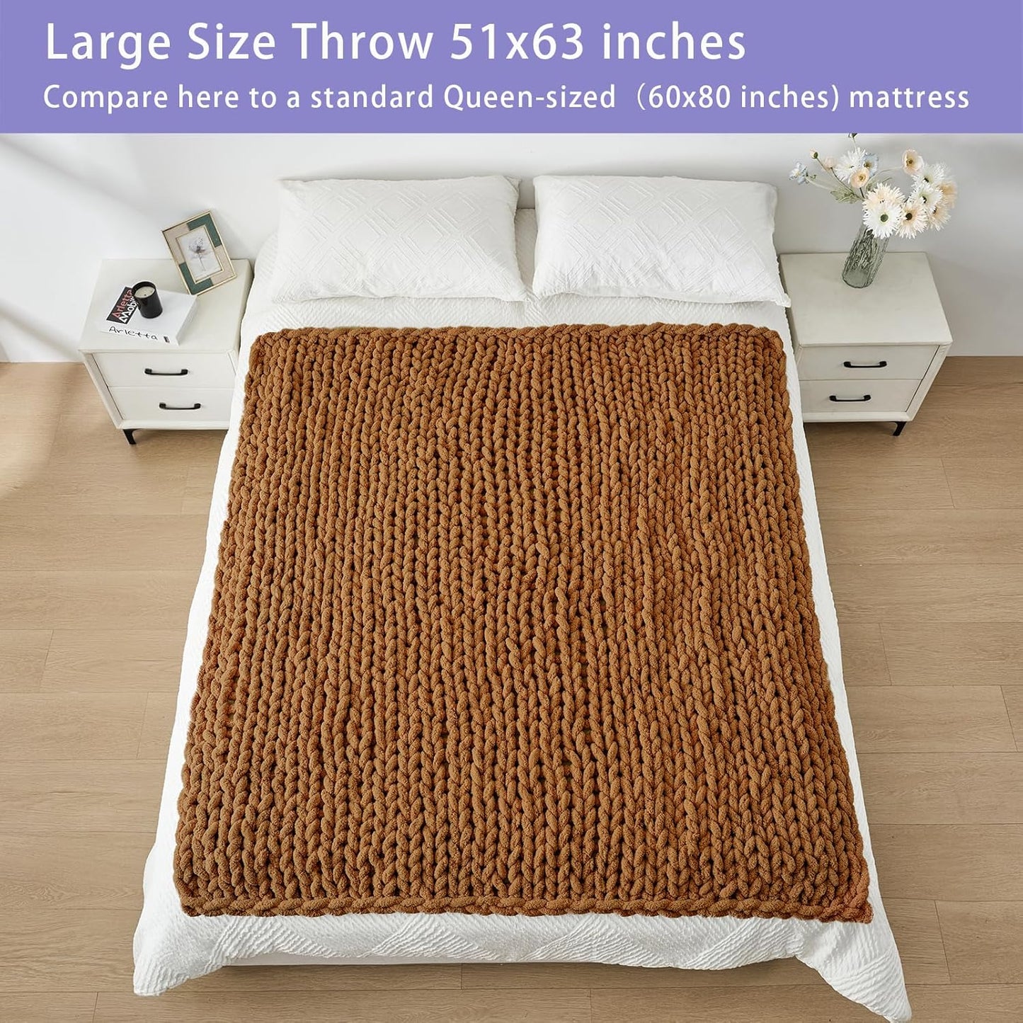 Bigacogo Chunky Knit Throw Blanket for Couch, 51x63 inches, 100% Hand Knitted with Thick Jumbo