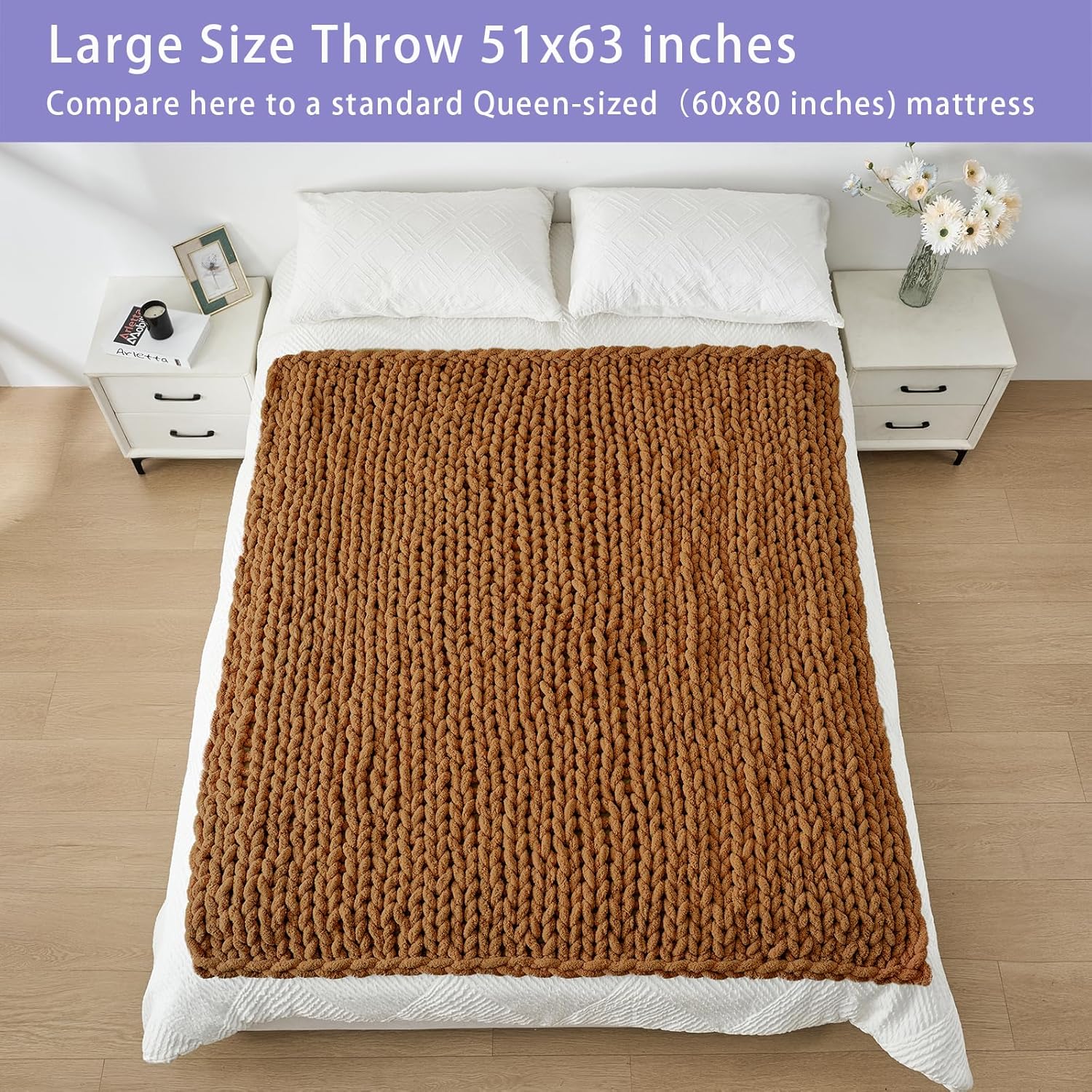 Bigacogo Chunky Knit Throw Blanket for Couch, 51x63 inches, 100% Hand Knitted with Thick Jumbo