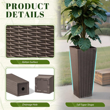 JUMMICO Set of 2 Resin Rattan Tall Planters for Outdoor Plants, Large Tapered Planters with
