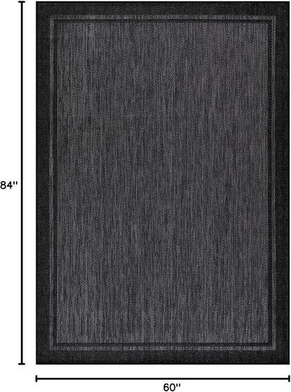 CAMILSON Indoor Outdoor Rug, 5x7 Bordered Dark Grey Black Modern Area Rugs for Indoor and Outdoor