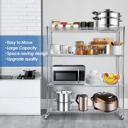 Rengue 60" W Storage Shelves with Wheels 4-Tier Heavy Duty Wire Shelving 72" H x 24" D Large Metal